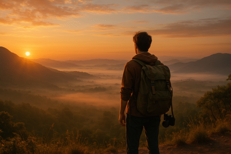 Solo traveler standing on a mountain at sunrise with a backpack