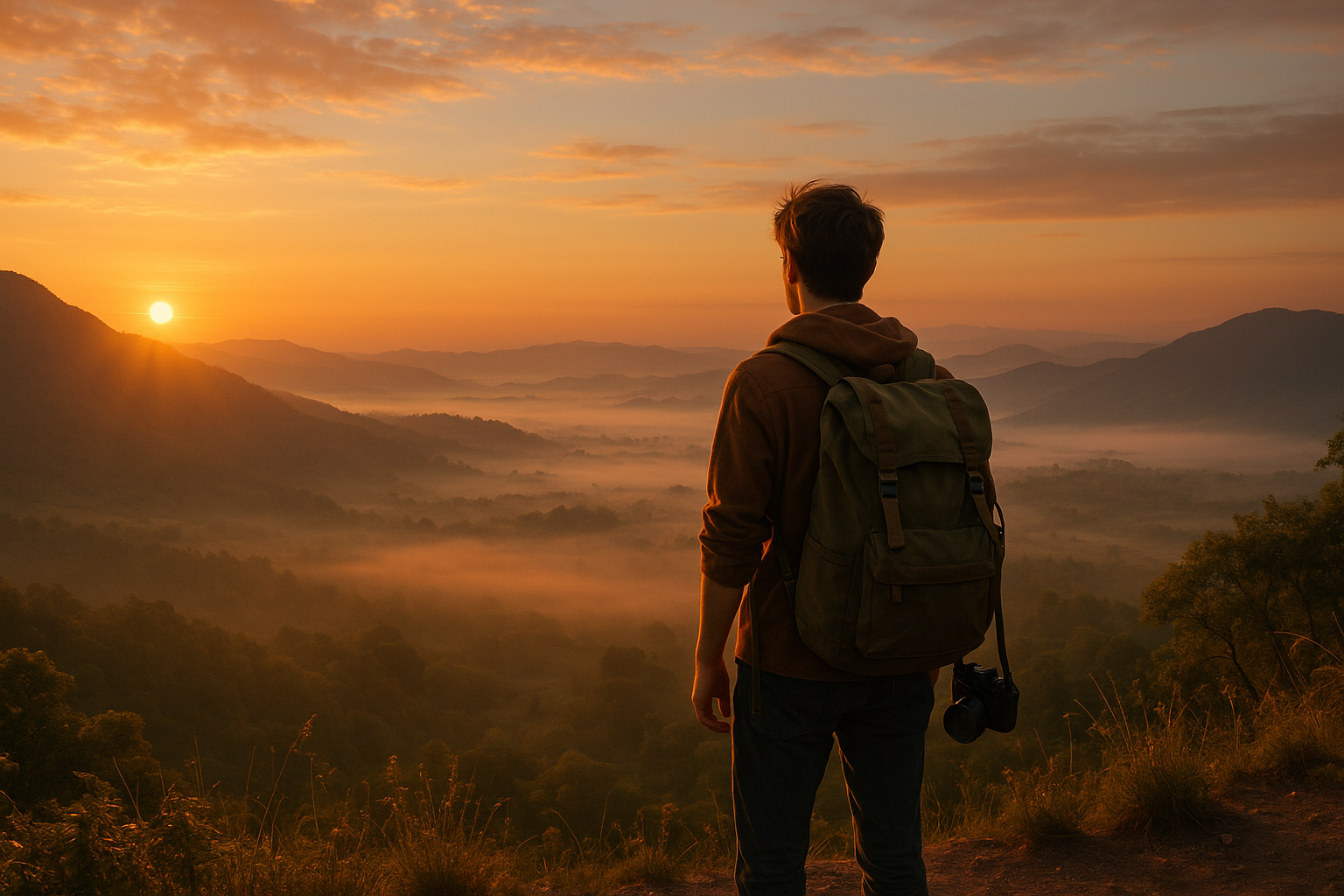 Solo traveler standing on a mountain at sunrise with a backpack