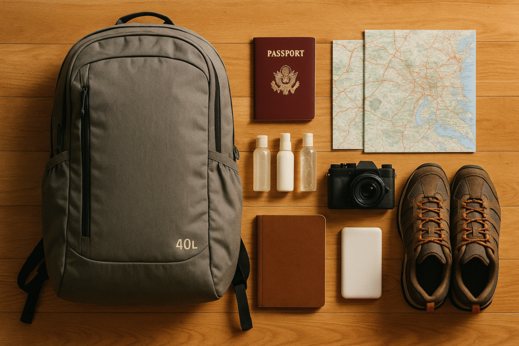 Flat lay of solo travel packing essentials including backpack and camera.