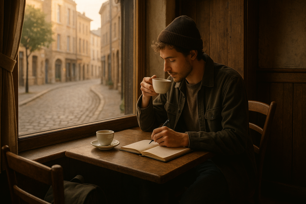 Solo traveler writing in journal at a cozy café near a European street