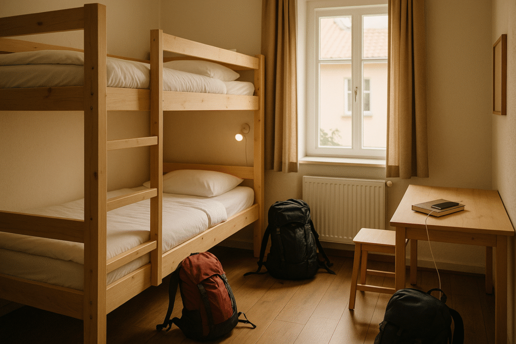 Backpacker hostel room with bunk beds and minimalist design