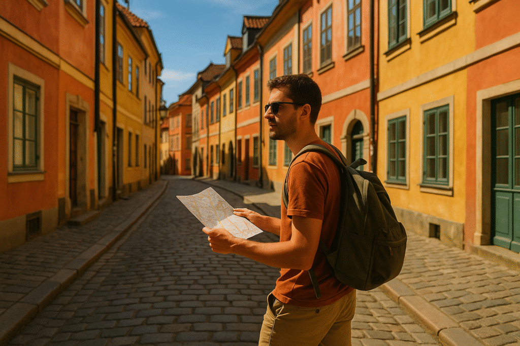 Solo traveler exploring a European city street with a map