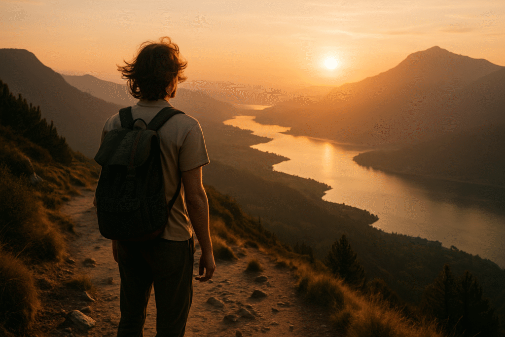 Solo traveler with small backpack overlooking nature landscape