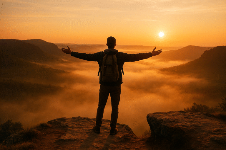 Solo traveler standing at a cliff viewpoint at sunrise