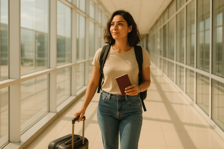 Solo traveler walking through airport with backpack and passport
