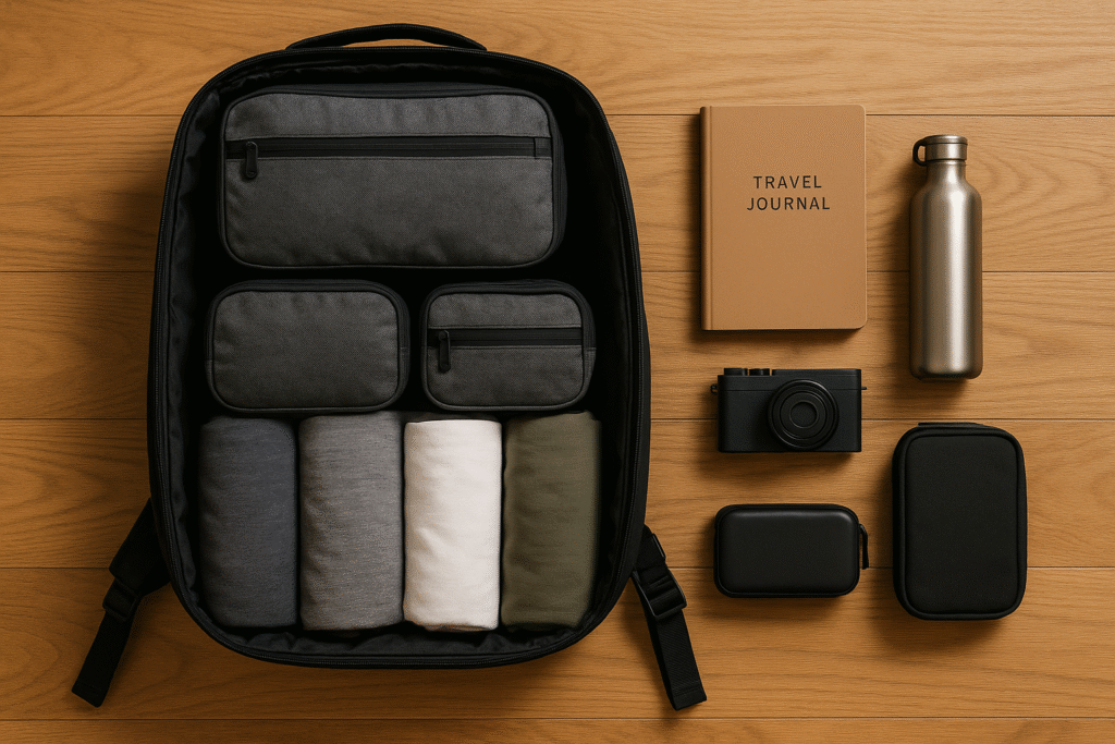Organized solo travel backpack with packing cubes and gear