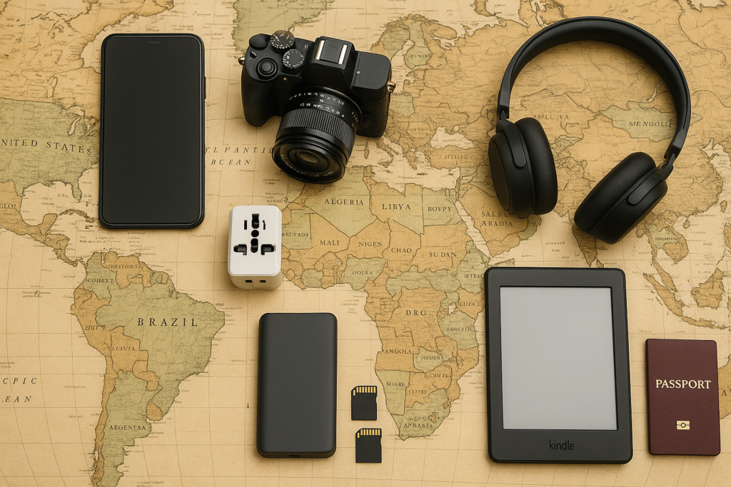 Solo travel tech gadgets on a map