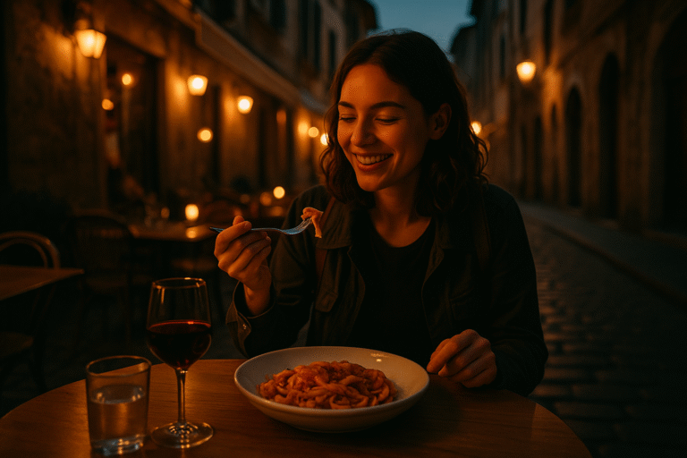 Solo traveler enjoying dinner alone in a European city at twilight