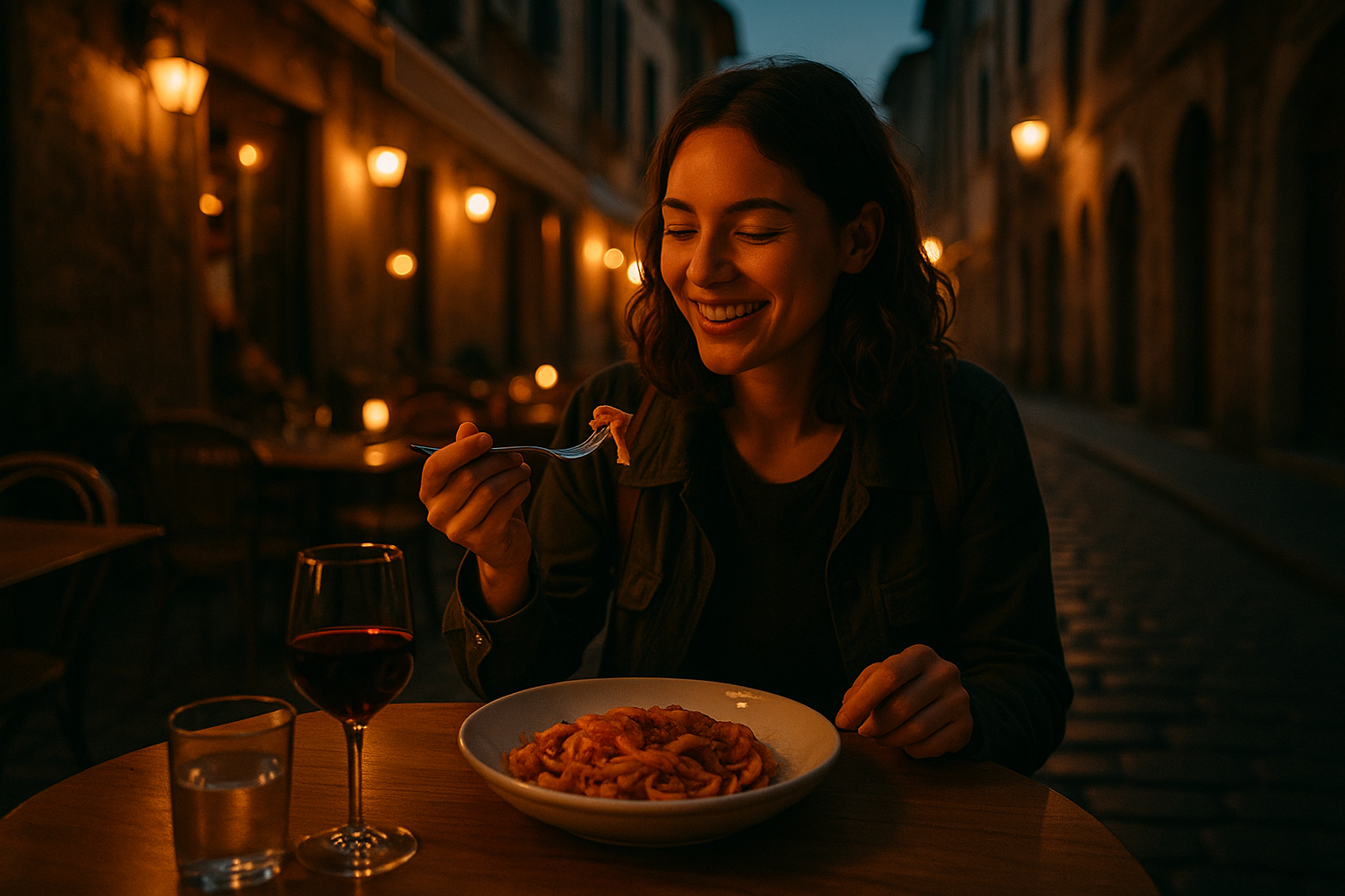 Solo traveler enjoying dinner alone in a European city at twilight