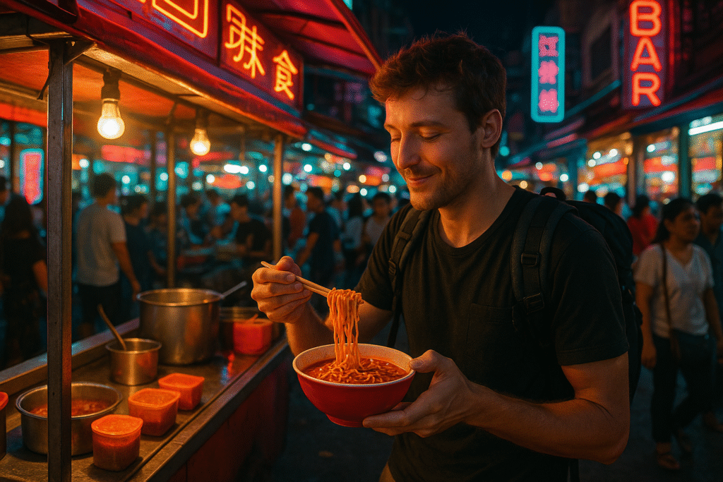 Solo traveler eating street food at a night market in Southeast Asia
