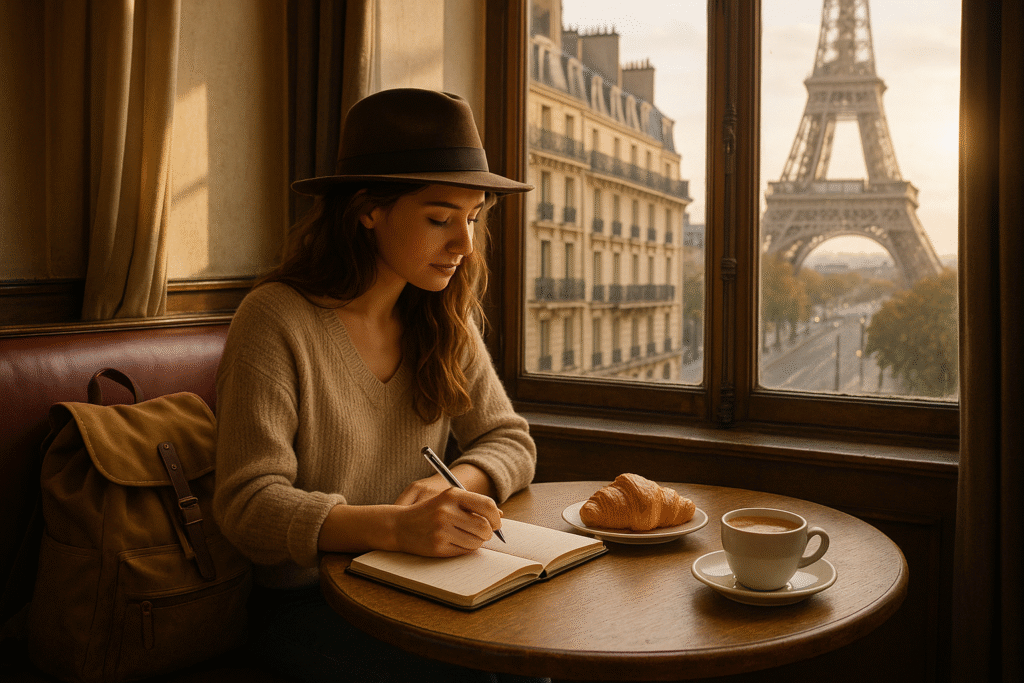 Solo female traveler journaling at a Paris café in the morning