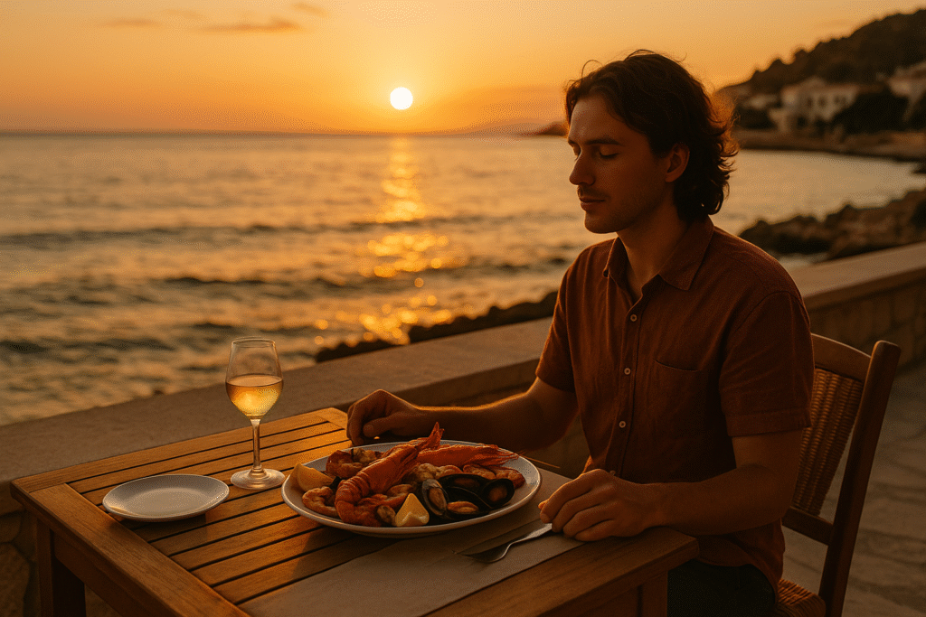 Solo traveler enjoying sunset dinner by the sea