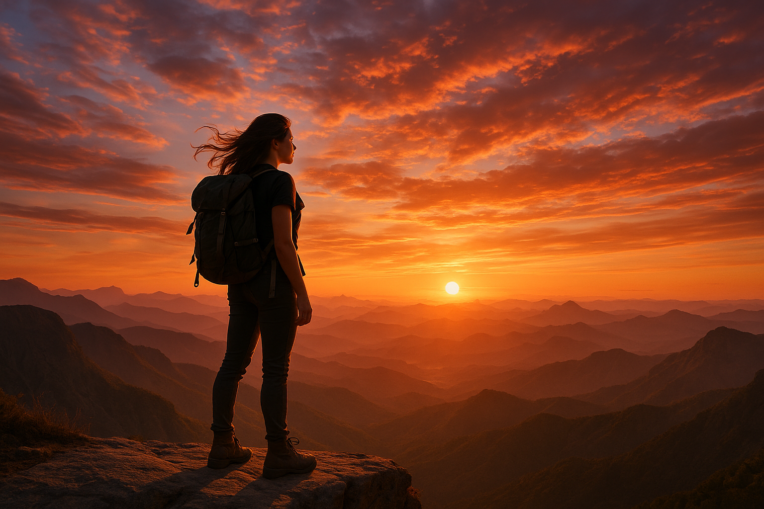 Confident solo traveler conquering fear on a mountain at sunrise
