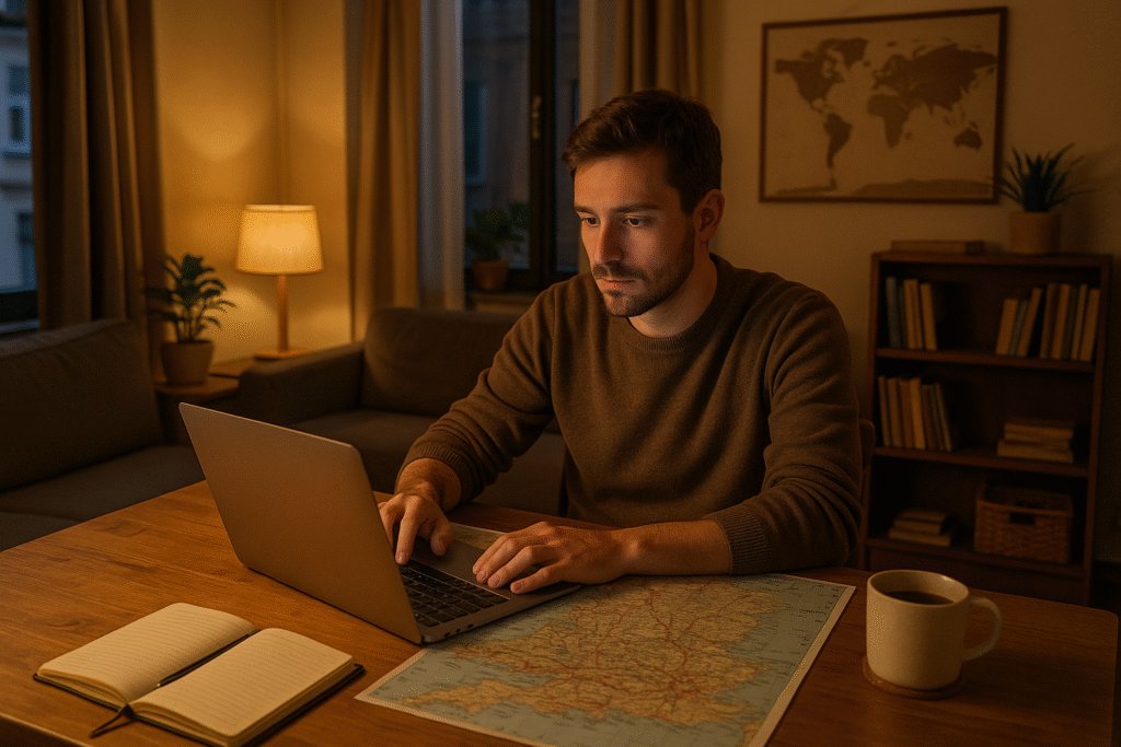 Solo traveler preparing itinerary on laptop before departure