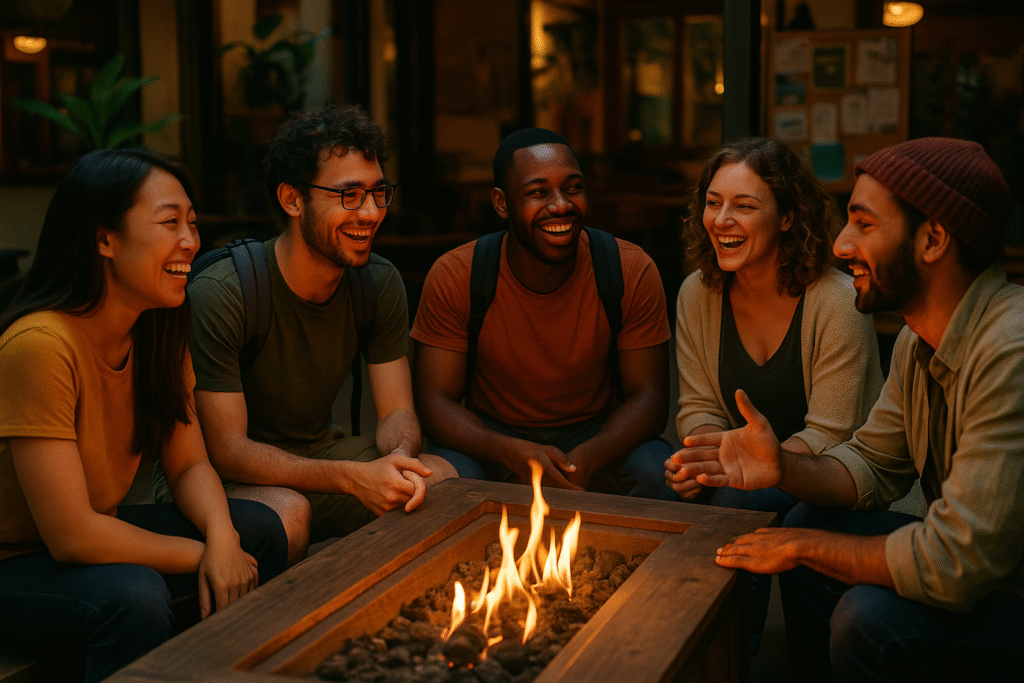 Solo traveler making new friends at a social hostel gathering